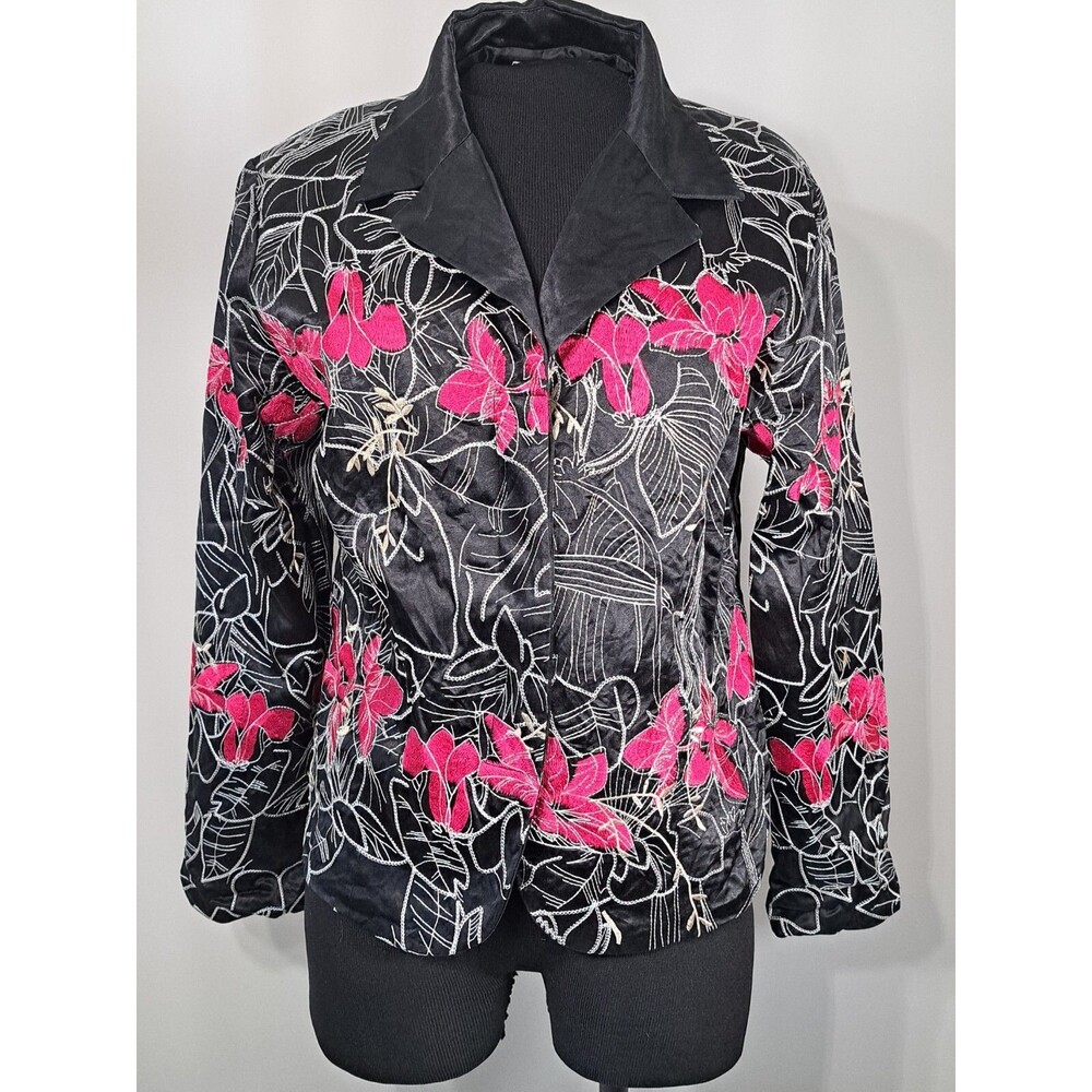 Chico's Size 2 Large Women's Black Jacket Pink & White Floral Embroidery Blazer